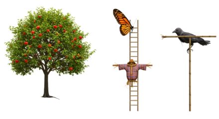 FARMING - Apple tree with ripe fruit, scarecrow on ladder and crow perched on stick, isolated on white background, perfect for farming and garden concepts