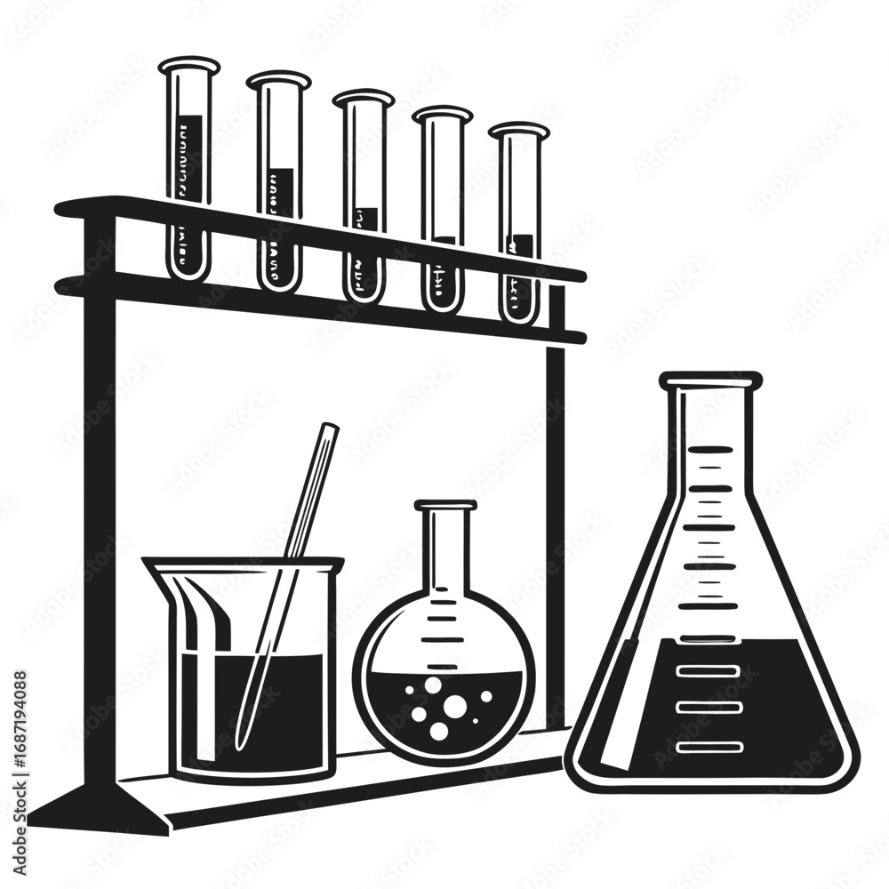 Aufkleber a black and white illustration of various laboratory glassware including test tubes in a rack a beak