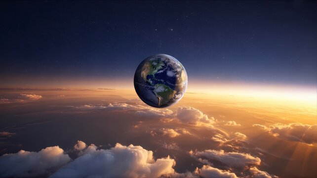 Earth floating in sky above sunset clouds representing global wonder and celestial beauty