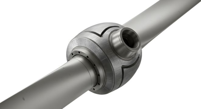 FARMING - Close-up of a metallic mechanical joint connecting two cylindrical rods, illustrating engineering and industrial design concepts