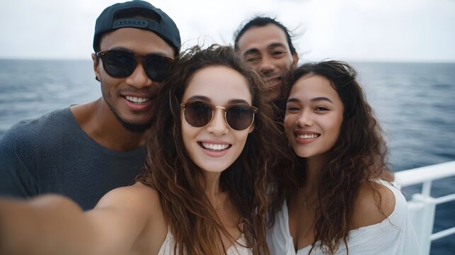 Four smiling friends taking a selfie on a boat trip enjoying the ocean view