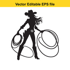 Silhouette of a cowgirl holding a lasso, isolated on white background