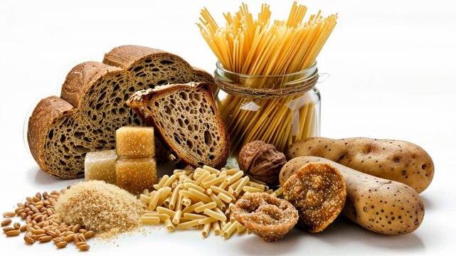 Discover a collection of staple food items such as bread, pasta, and sugar laid out together in a cozy kitchen atmosphere