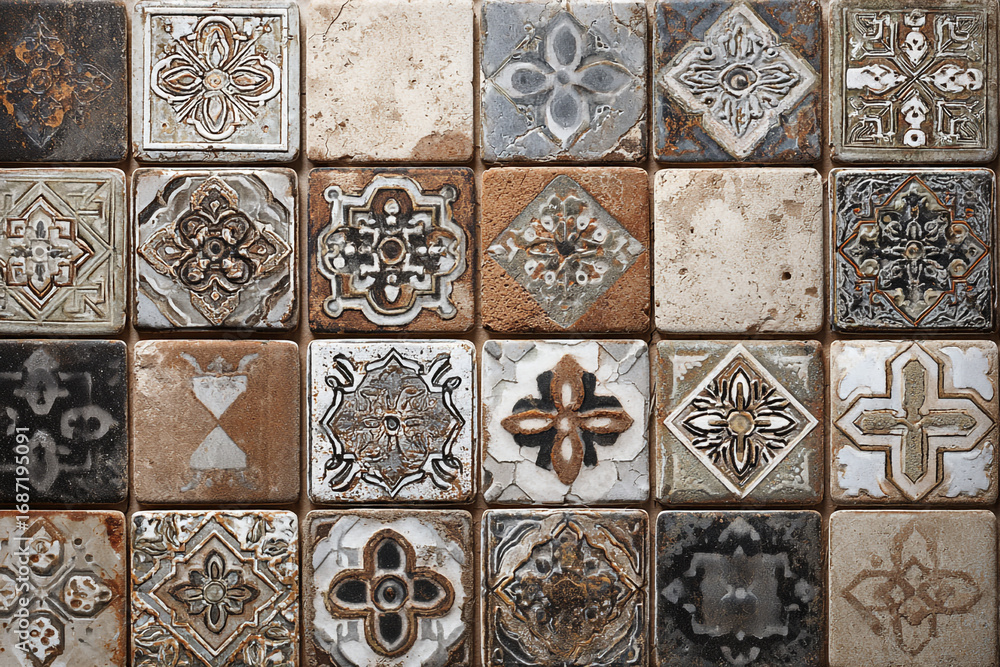 Poster ornate square tiles in muted tones create a textured background perfect for design projects