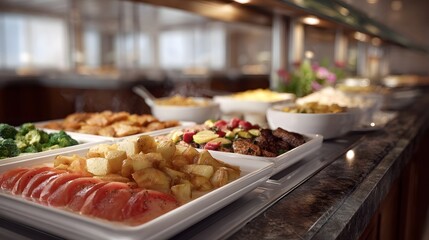 Obraz premium A diverse buffet serving line with various fresh and cooked food dishes presented in white trays and bowls