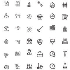 Minimal vector outline icons set for Labor Day and International Workers’ Day. Includes workers, helmets, tools, gears, factories, raised fist, toolbox, and protest banners. Perfect for posters, banne