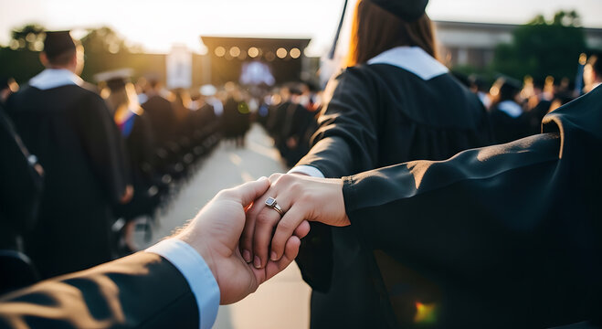 A young couple celebrate their graduation day by holding hands while surrounded by other graduates