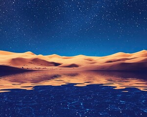 Serene desert landscape at night reflecting starry sky in water creating magical atmosphere