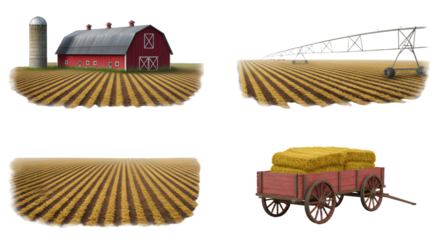 FARMING - Farm barn with silo and field irrigation system, fresh plowed farmland, and wooden wagon with hay bales, ideal for agricultural and rural concepts