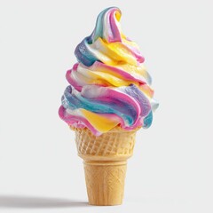 Vibrant swirl of rainbow ice cream in a waffle cone