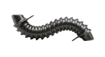 FARMING - Flexible black corrugated drainage pipe with a curved shape isolated on white background, perfect for plumbing and irrigation projects