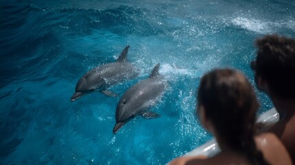 Fototapeta premium Two dolphins gracefully swim through vibrant blue ocean waters observed by people from a vessel s edge