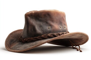 Aged brown leather cowboy hat, slightly askew, against a white background.  A braided leather band accents the crown