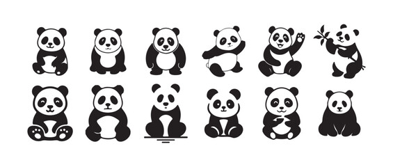 Panda silhouettes set, Panda cartoon vector, panda vector icon,  vector silhouette design, isolated white background, vector illustration eps 10.