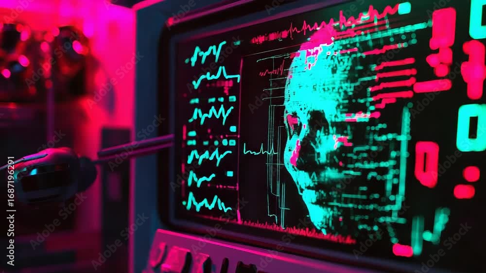 Aufkleber futuristic face recognition system scanning biometric data on monitor