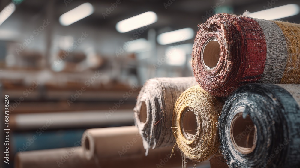 Aufkleber medium shot of recycled fabric rolls in a workshop showcasing textures in sharp detail with the surr
