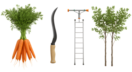 FARMING - Freshly harvested carrots, gardening sickle, ladder, and young tree saplings on white background, perfect for gardening and farming projects