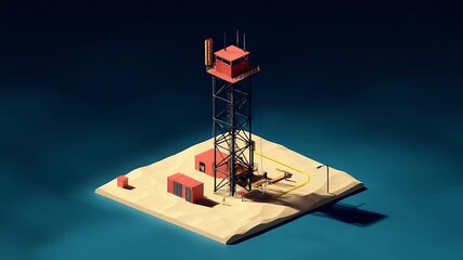 Oil rig extracting petroleum on a desert island with low poly style