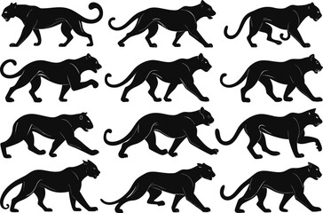 Naklejka premium Dynamic black panthers showcase powerful predatory movements in a stylized graphic collection