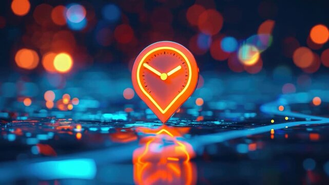 A map marker with a clock symbolizing time management or scheduling