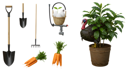 FARMING - Gardening tools including shovels, carrots, basket with eggs, and a potted plant with a decorative turkey bird, ideal for gardening and seasonal harvest themes