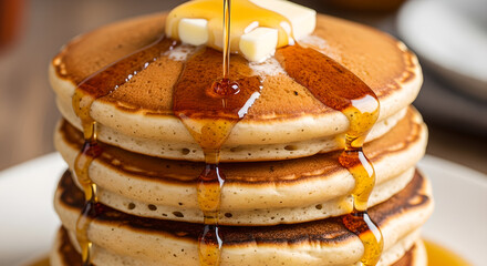 Delicious stacked pancakes with golden syrup and butter creating inviting visual for breakfast