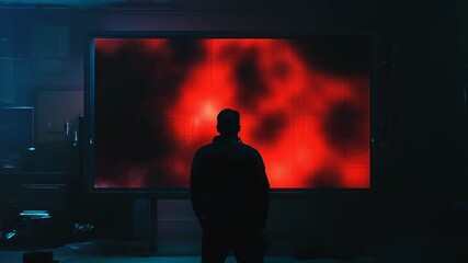 Technician observing virus simulation on large screen in futuristic laboratory - Powered by Adobe