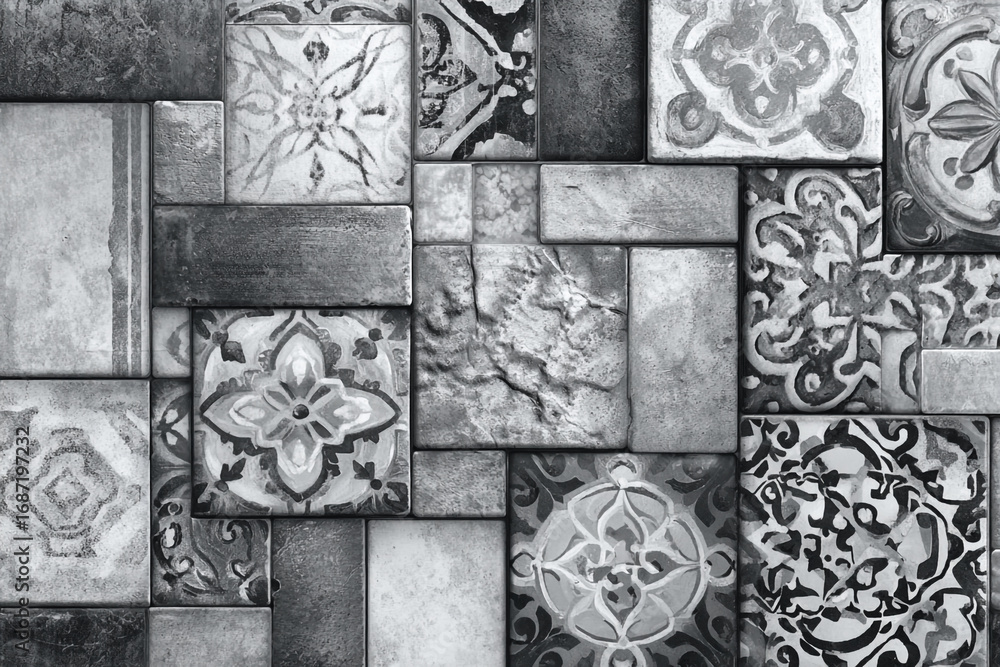 Poster a mosaic of gray and white tiles with various floral and geometric patterns arranged in a patchwork 