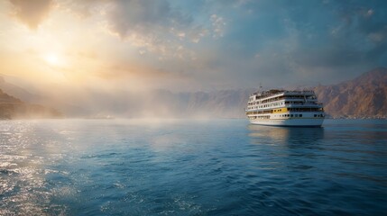 Majestic cruise ship sails on a calm misty sea at sunrise with golden sunbeams illuminating distant mountains