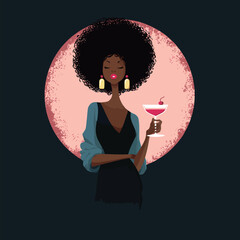 A stylish woman with a beautiful afro hairstyle holds a cocktail glass adorned with a cherry. She exudes confidence and elegance, set against a dark background with a circular highlight.