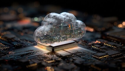 City within a cloud, embedded on a circuit board