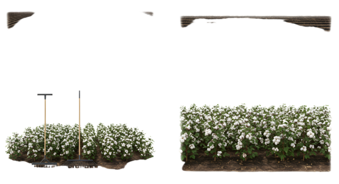 FARMING - Green garden bed with blooming white flowers and wooden garden tools including a rake and hoe, perfect for garden and landscaping projects