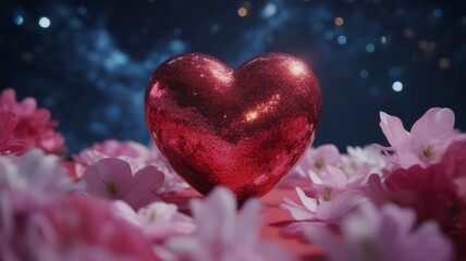 Obraz premium Ornamental Red Heart Adorned by Blooms on a Textured Background of Deep Blue
