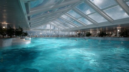 Fototapeta premium An inviting indoor swimming pool with a transparent glass roof featuring loungers lush plants and tranquil water for relaxation and wellness