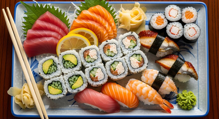Exquisite sushi platter showcasing diverse rolls sashimi and nigiri culinary presentation
