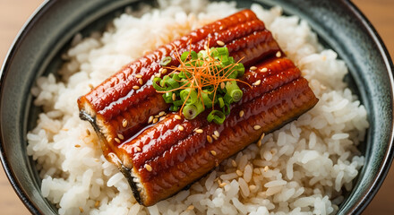 Exquisite Unagi Donburi: Japanese Eel Served Over Fluffy Rice with Green Scallions and Sesame