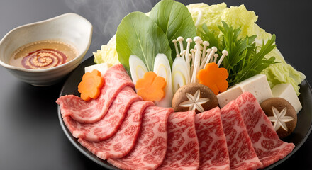 Exquisite Wagyu Beef Sukiyaki Preparation with Fresh Vegetables and Delicate Sauce for a Culinary