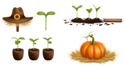 FARMING - Growth stages of pumpkin plant sprouting from seeds to seedling and mature pumpkin on straw, agricultural concept perfect for gardening or farming articles