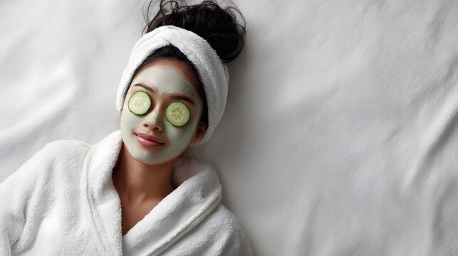 Young woman enjoying a relaxing spa experience with a green facial mask and cucumber slices on her eyes wearing a white bathrobe - Powered by Adobe
