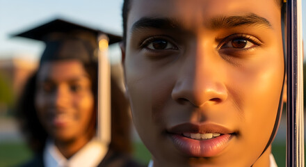Golden hour graduation portrait of confident young scholars celebrating achievement with
