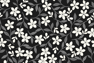 Charming black background floral seamless pattern with white blossoms and gray leaves, perfect for fabric, wallpaper, packaging, and modern decorative design.
