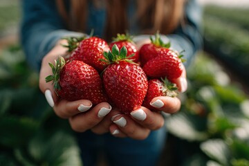 A person holds a handful of ripe, red strawberries, showcasing the fresh produce. The setting appears to be a field of strawberry plants
