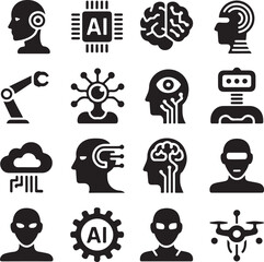 Silhouette Icons Representing Artificial Intelligence and Robotics Keywords: AI, artificial