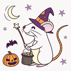 Cute Sleepy Rat, accessorized with with a magic wand, in a Halloween world – Spooky Fun palette vector