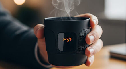 Holding innovative temperature controlled mug displaying 145 degrees Fahrenheit, showcasing hot