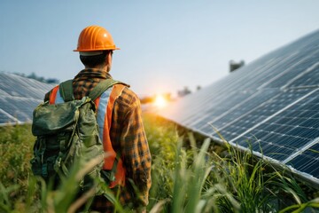 A worker in safety gear with a backpack surveys a field of photovoltaic panels under a sunny sky