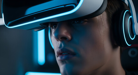 Immersive virtual world experience a young man immersed in simulation wearing a vr headset