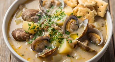 Invigorating bowl of steamy new england clam chowder offering creamy texture potatoes clams
