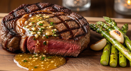 Juicy ribeye steak with golden garlic butter sauce and asparagus spears presentation elevates the