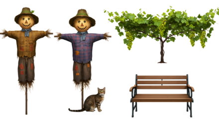 FARMING - Pair of rustic scarecrows with a cat and a wooden bench by grape vines, perfect for autumn and harvest themed projects